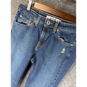 LEVIS 519 Womens Flare Jeans Dark Wash Distressed Size 7 Medium Preppy‎ Wide Leg